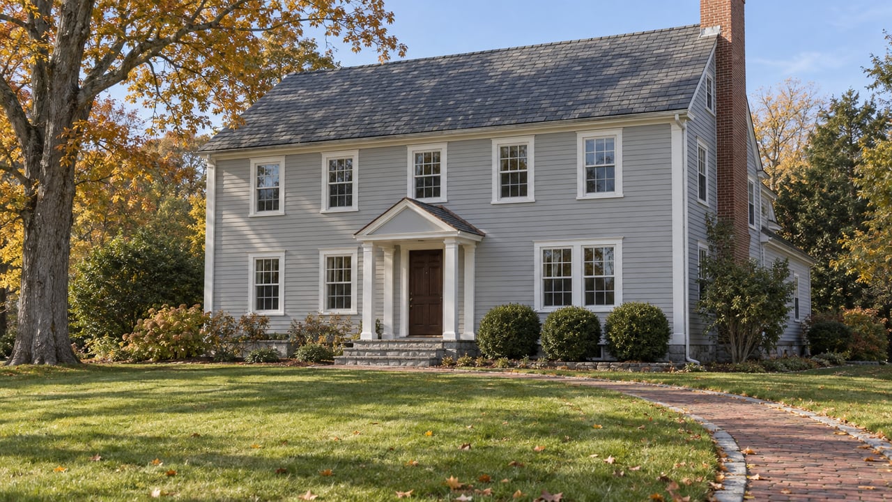 Pale-gray clapboard house with a slate roof, granite entry steps and a broad autumn lawn beneath a golden sugar maple.