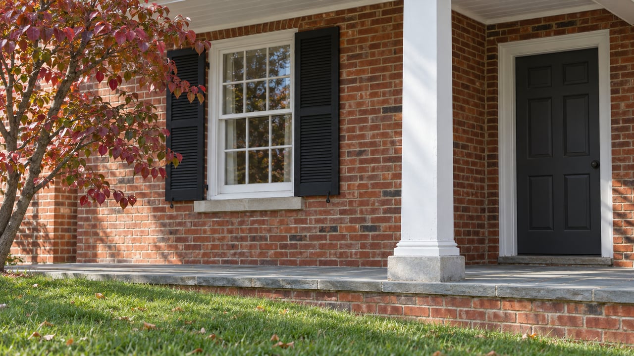 Close view of a weathered red brick home with a white porch column, paired black window shutters, a closed charcoal door, and autumn dogwood leaves.