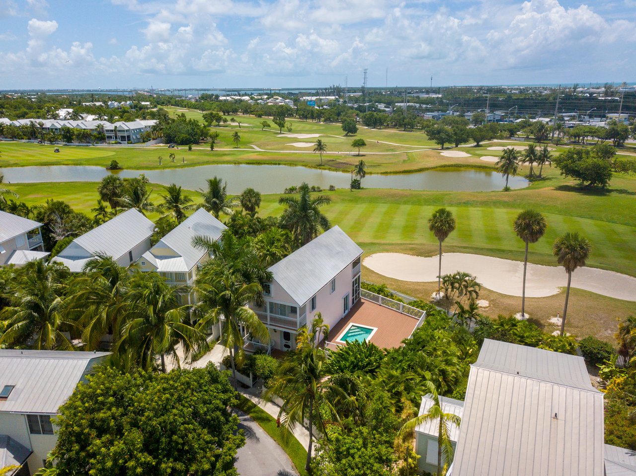 Aerial view of palm-lined homes beside a golf course, with a pool and pond.