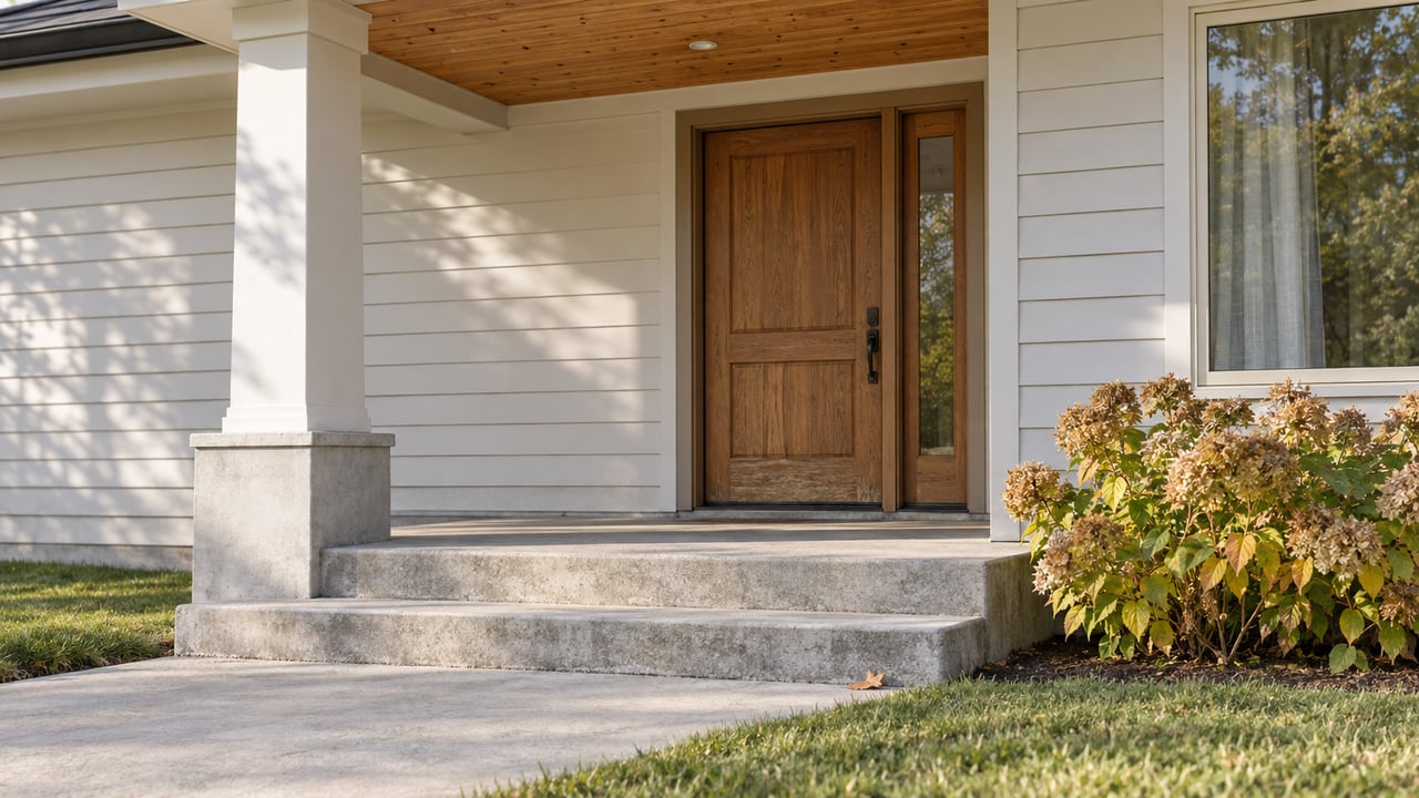 House entry with a wooden front door, covered porch, concrete steps, and flowering shrubs.