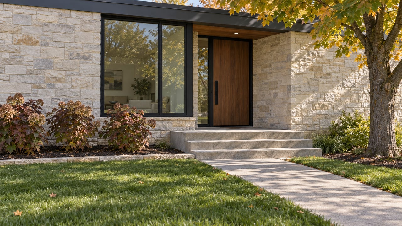A contemporary stone home's recessed timber entry, broad concrete steps and black-framed window overlook a deep lawn with autumn maple and oakleaf hydrangeas.