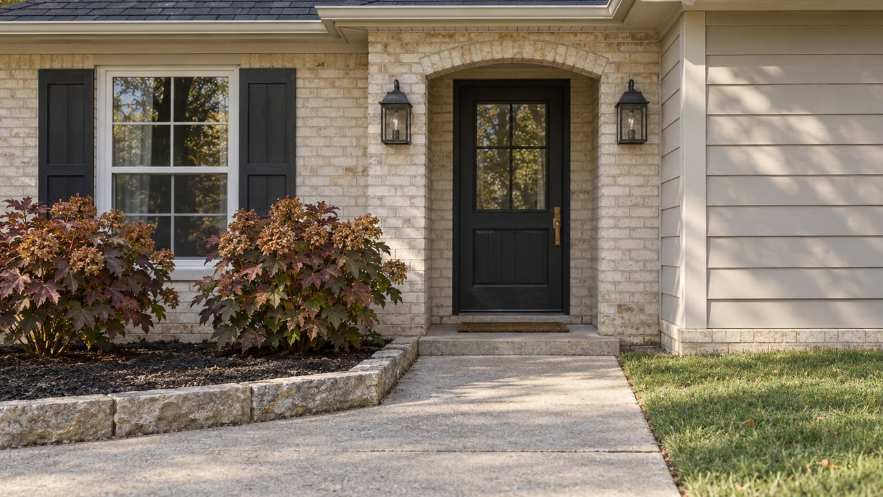 Ivory brick entry with a dark arched door, shuttered window, autumn oakleaf hydrangeas and a clean concrete approach.