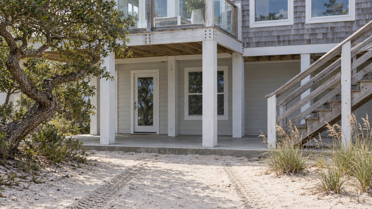 Weathered cedar-shingled elevated home with a sheltered glazed entry, timber stair, concrete landing and sea oats along a sandy approach.