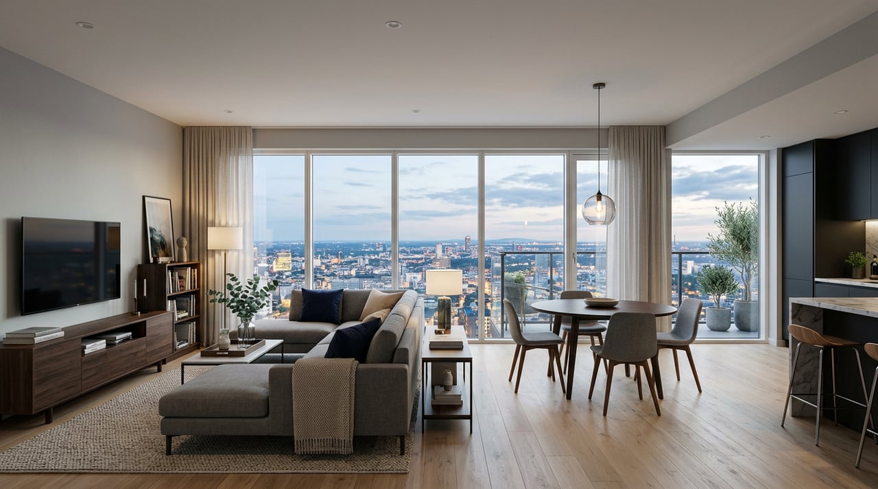 Putty linen sofa and walnut coffee table beside floor-to-ceiling glass overlooking a neighboring high-rise.