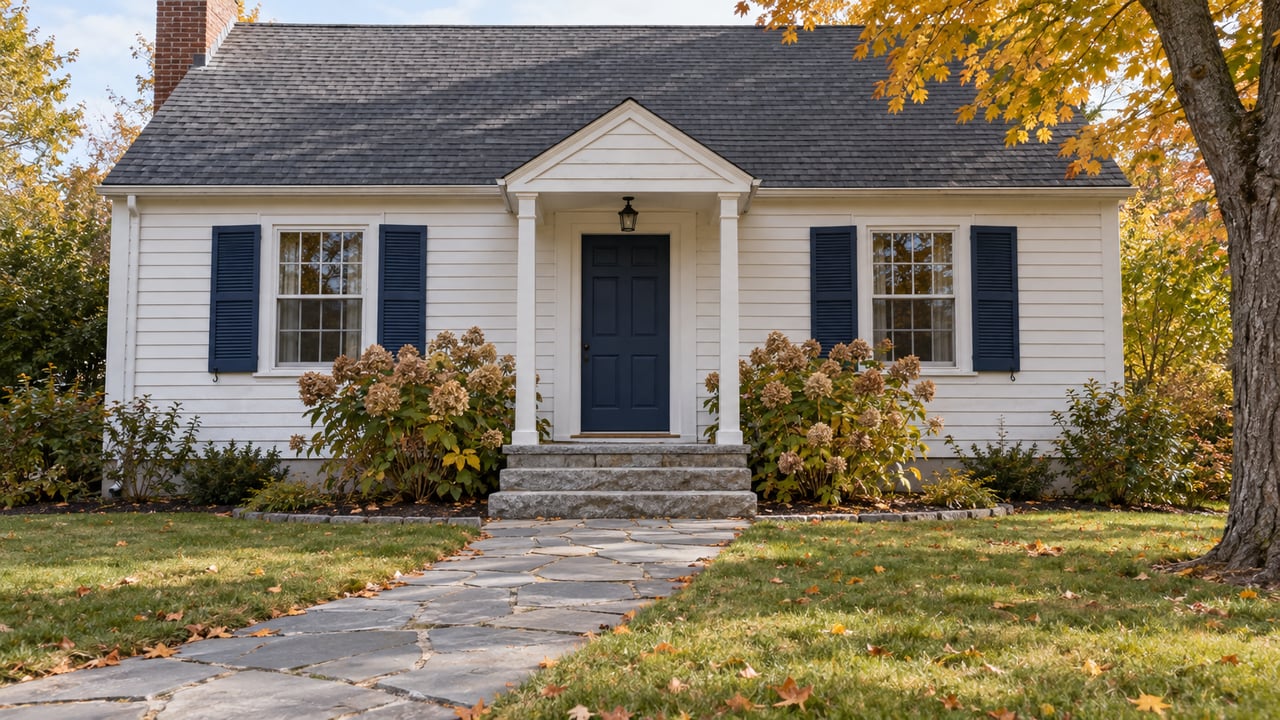 White clapboard cape with navy shutters, granite entry steps and an autumn maple beside a flagstone front walk.
