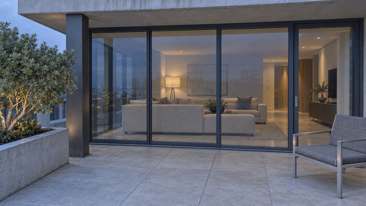 Blue-hour apartment terrace with charcoal-framed glass, pale concrete canopy, a silver-green buttonwood specimen and a softly illuminated living room.