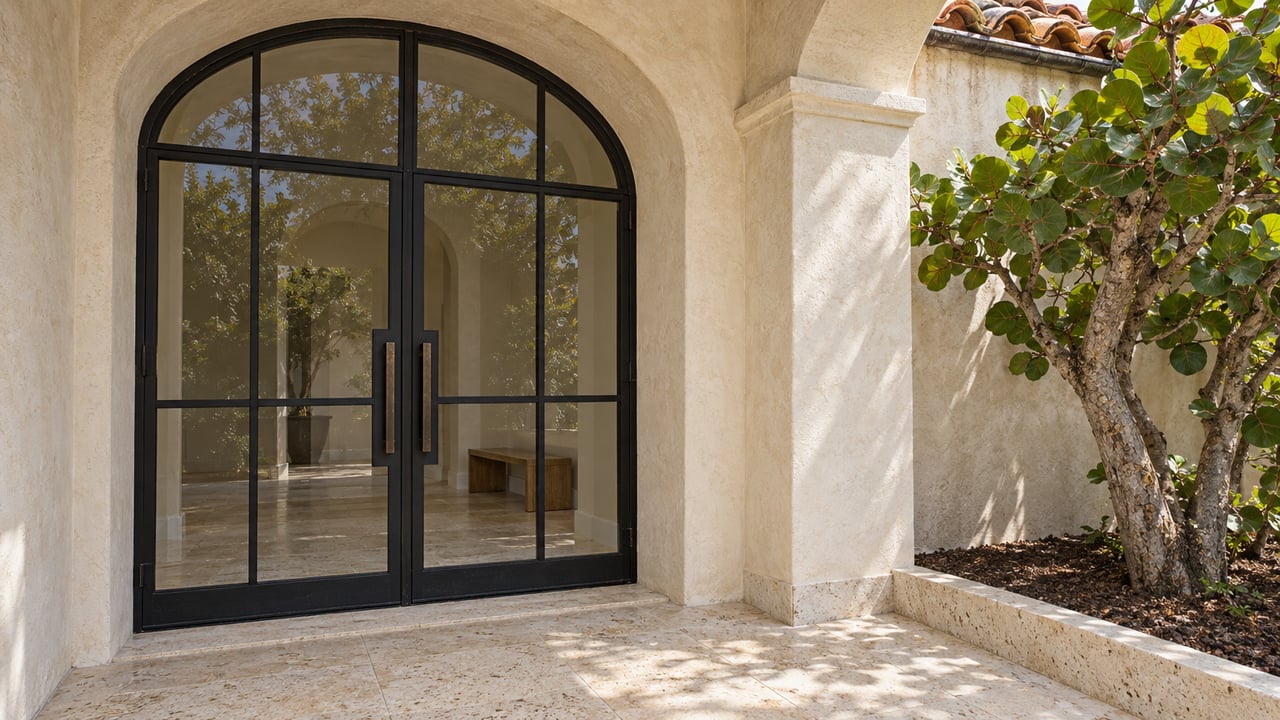 Cream stucco arched entrance with closed black-framed glass doors, pale fossil-textured limestone terrace and a sculptural sea-grape tree in a raised planting pocket.