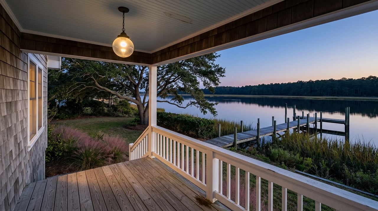 A covered cottage porch overlooks a tidal creek, with a weathered dock, oak tree, and glowing pendant light.