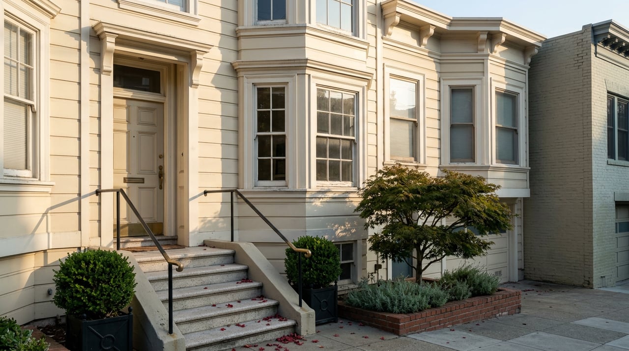 Cream clapboard rowhouse with a three-story bay window, concrete stoop, black iron rail, and brick planter.