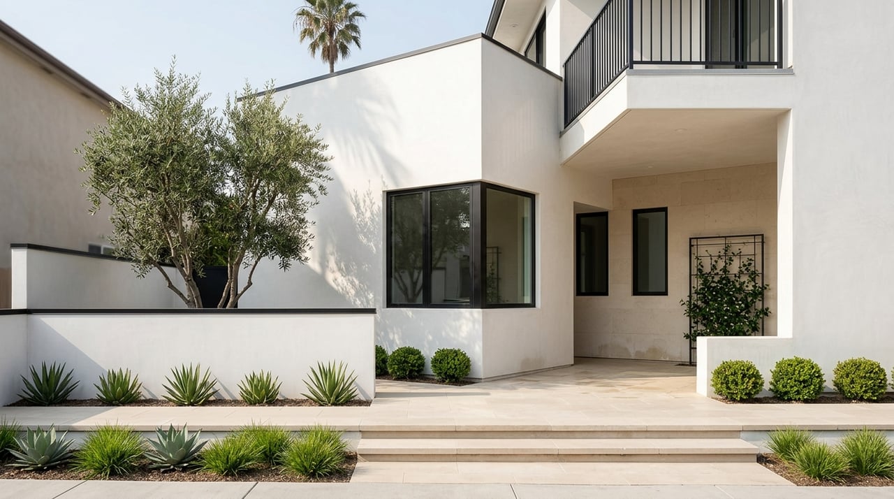 Terraced white-stucco home with a stepped limestone approach, black-framed glazing, and drought-tolerant courtyard planting.