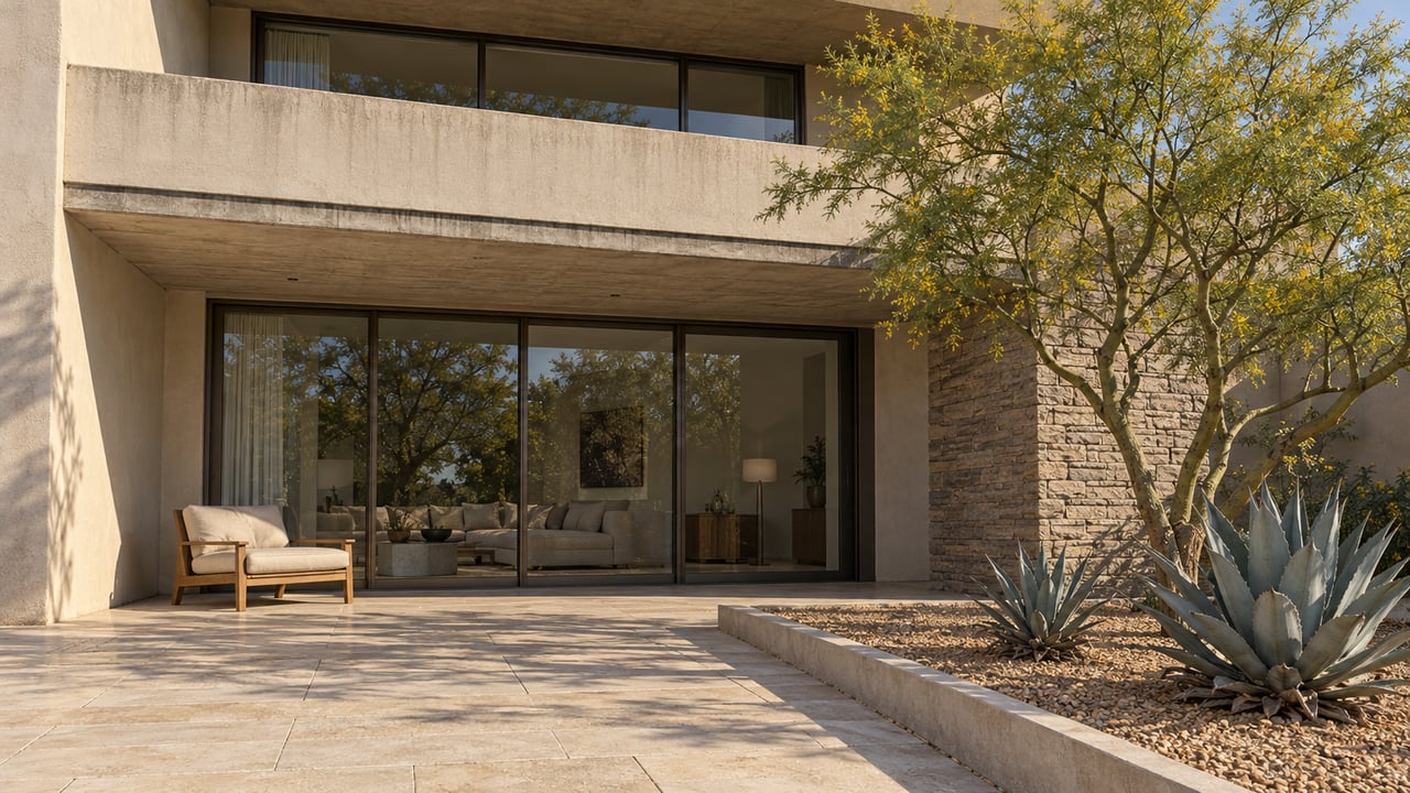 Sand-colored condominium facade with bronze-framed glass, a concrete balcony, limestone terrace and sculptural desert planting.