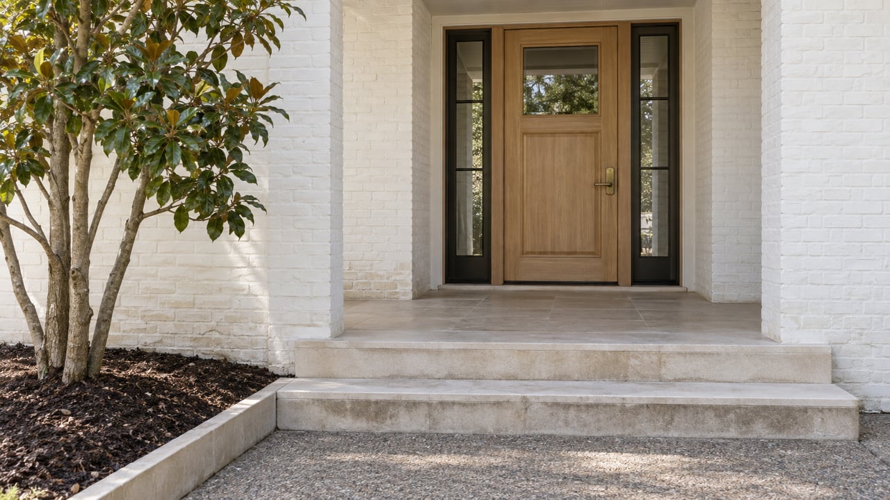 White painted-brick home entry with a sheltered oak door, limestone steps, and a sweetbay magnolia beside the approach.