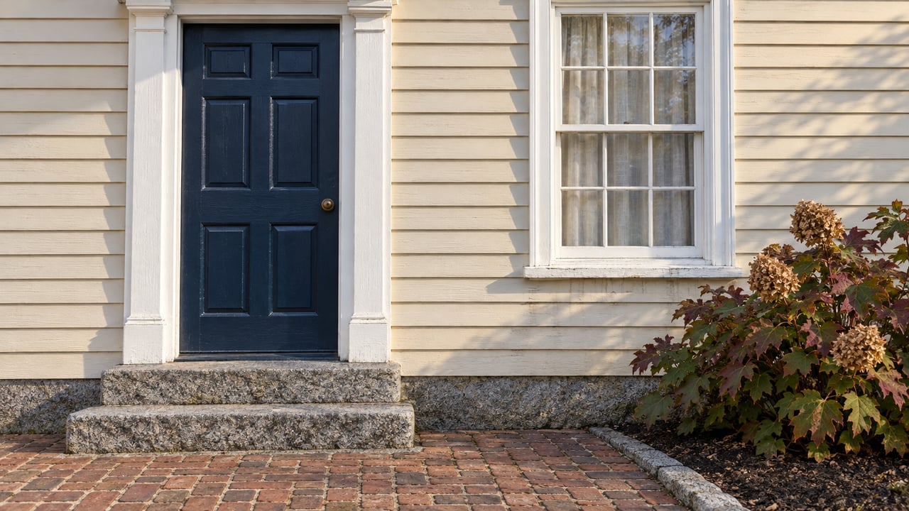 Cream clapboard home with an ink-blue door, white sash window, worn granite steps and brick approach beside an autumn oakleaf hydrangea.