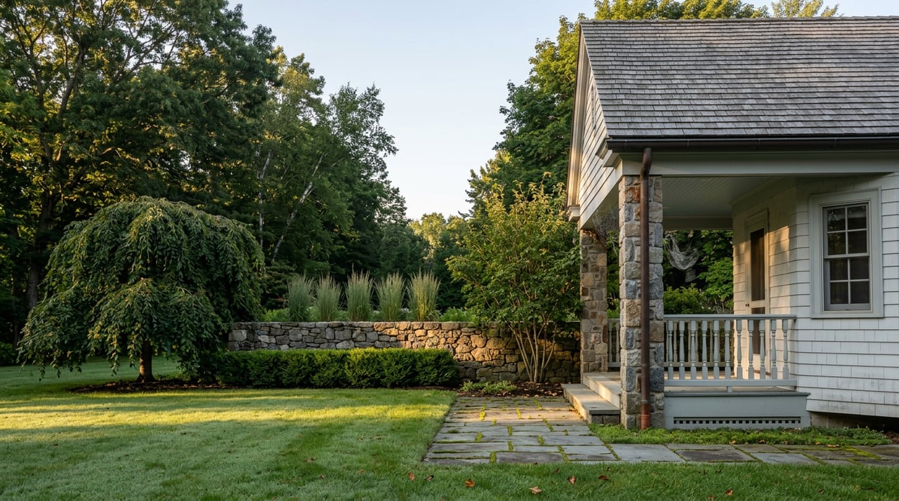 Stone retaining wall borders a lawn, with a bluestone path leading to a covered cedar-sided porch.
