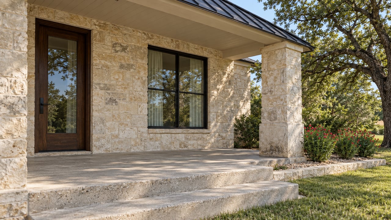 Limestone home entry with an oak door, black-framed window, broad concrete steps and native planting in morning light.
