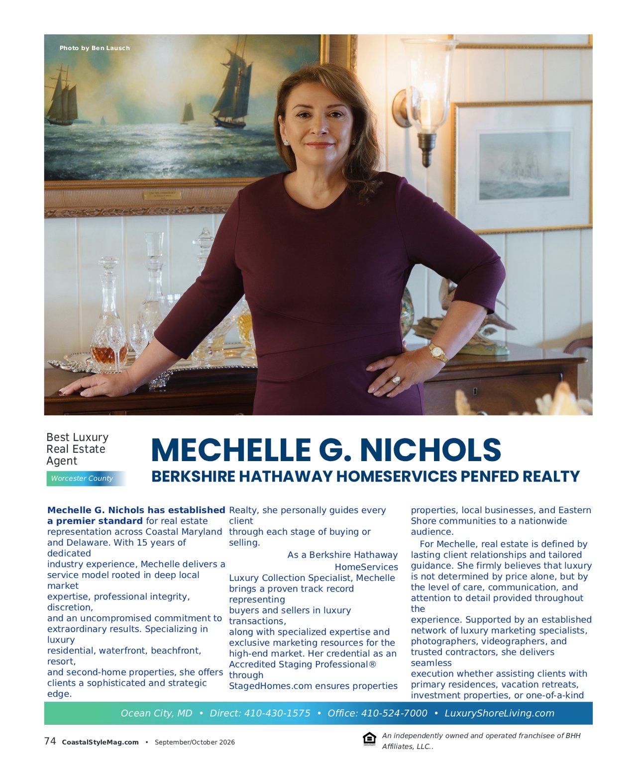 Magazine profile of Mechelle G. Nichols, featuring her portrait and a description of her luxury real estate services.