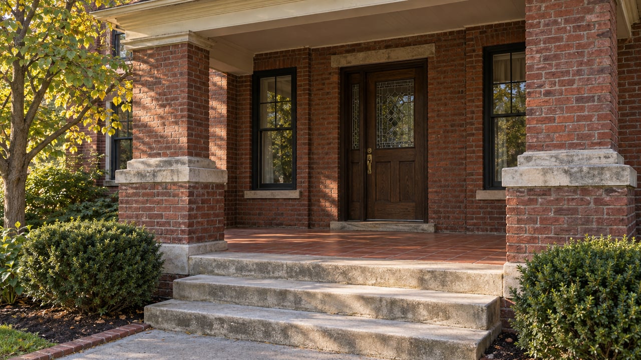 Historic red-brick home's covered porch with limestone steps, paired masonry piers, a leaded-glass oak door and early autumn planting.