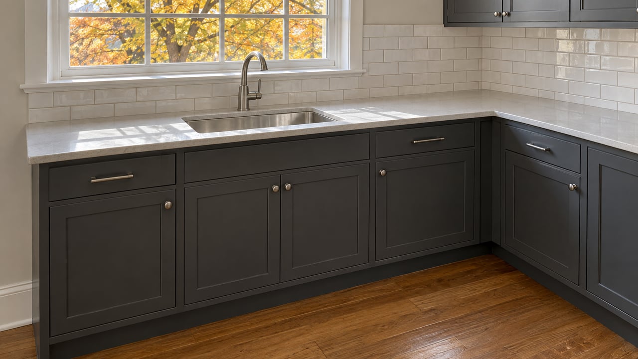 Daylight falls across a pale kitchen counter, charcoal cabinets and warm oak flooring, with autumn maple leaves beyond a closed window.