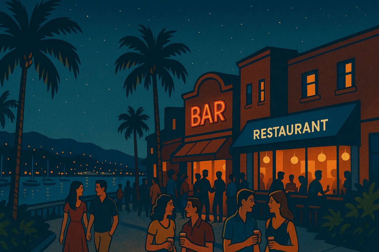 Illustrated nightlife scene in Dana Point, California, showing couples walking along the harbor under palm trees, glowing string lights over anchored sailboats, and people socializing at lively bars and restaurants with warm evening lighting.