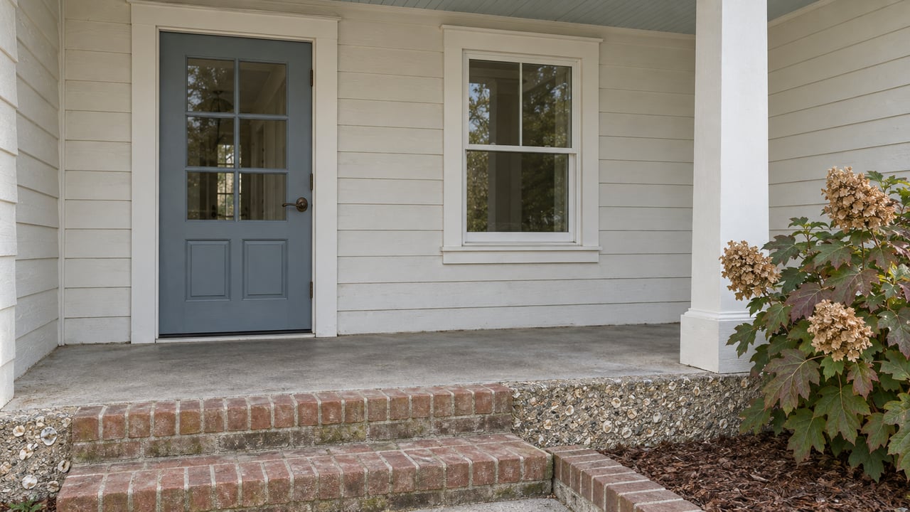 A covered home entrance with off-white timber siding, a blue-gray glazed door, shell-aggregate foundation and weathered brick steps beside an oakleaf hydrangea.