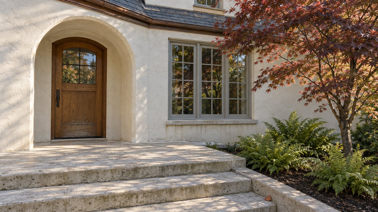 An arched stucco entrance with an oak door, limestone steps and a Japanese maple beside a fern-filled planting bed.