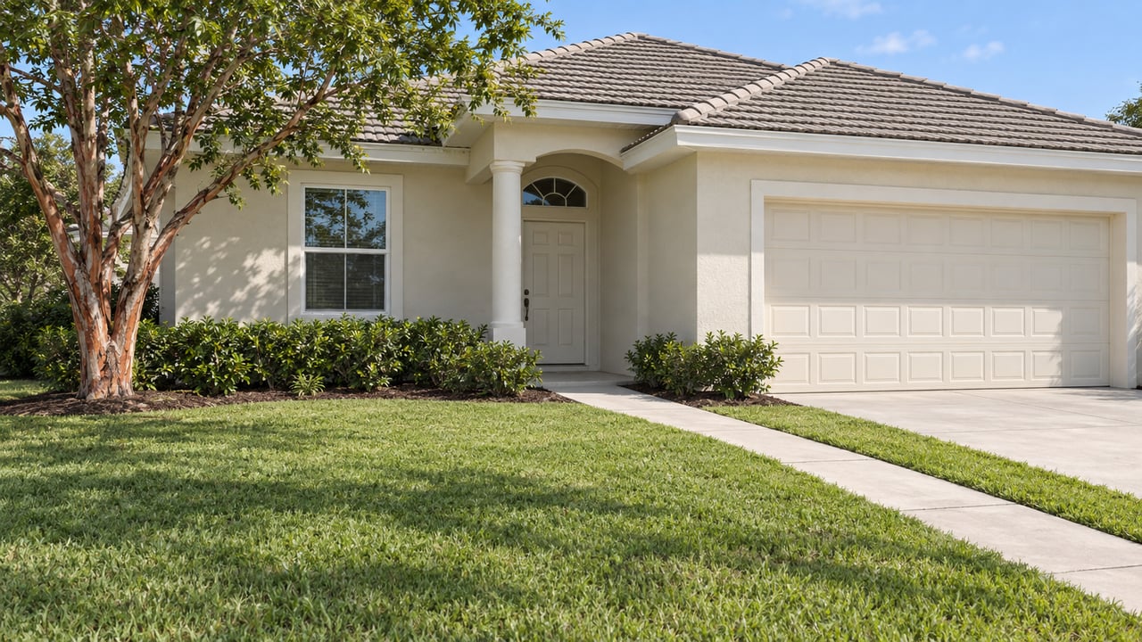 Off-white stucco house with a gray-tan tiled roof, arched entry transom, two-car garage, and deep green lawn.