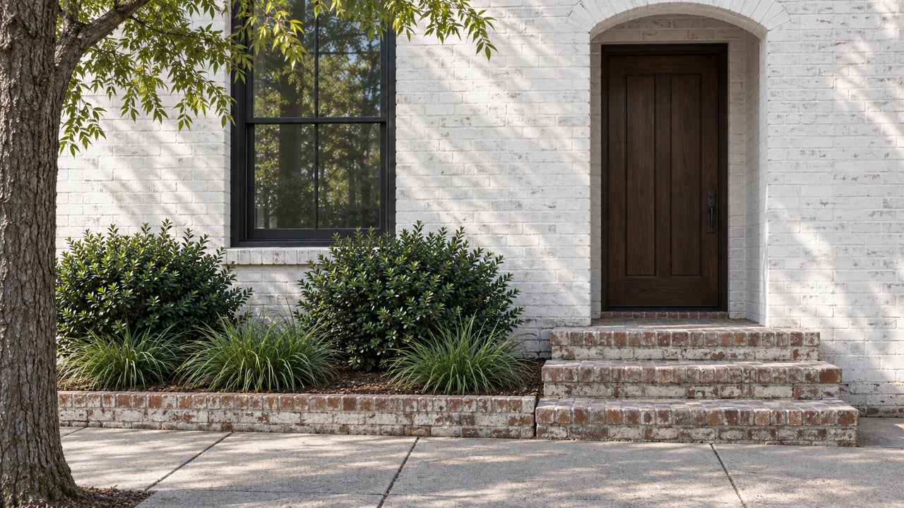 White-brick townhouse entry with worn steps, a raised planting bed, and a willow oak at the sidewalk.