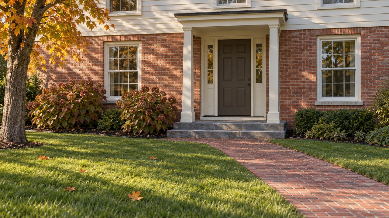 Brick-and-clapboard home entrance with paired windows, a bluestone stoop, brick walk and autumn planting beside a broad lawn.