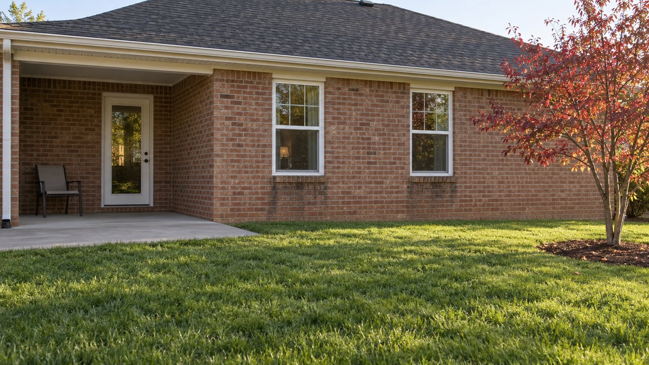 Red-brown brick house with white-framed windows, a small patio, and a dogwood beside the lawn.