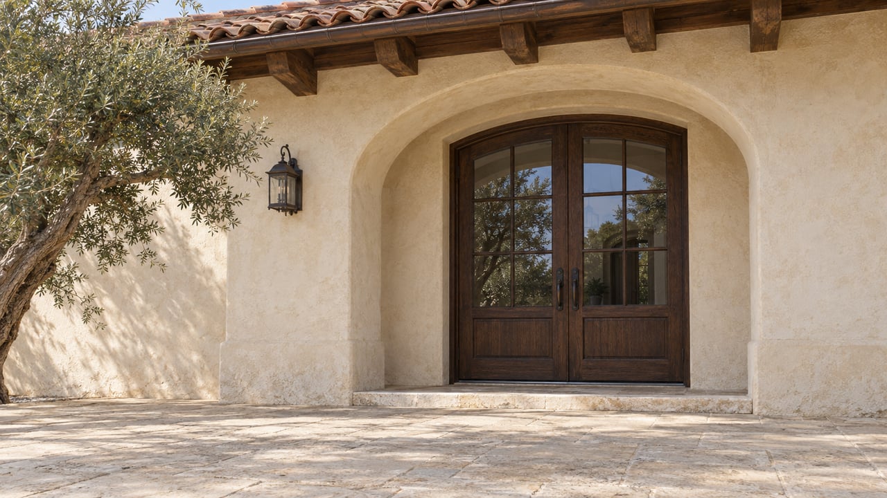 Arched ivory stucco entrance with closed divided-glass oak doors, terracotta roof tiles, limestone paving and a mature olive tree.