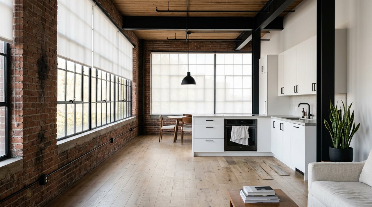 Open-plan loft with exposed brick, black steel windows, white kitchen, and oak floors.