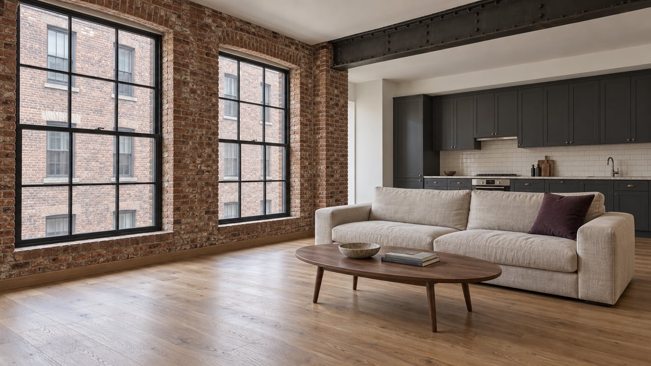 Bright loft living room with tall black-framed windows, exposed brick, oak floors, a linen sofa, and a charcoal kitchen.