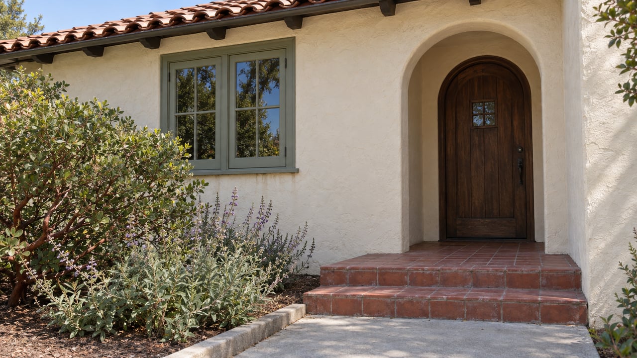 Sunlit cream stucco house entry with an arched oak door, sage-painted casement window, red tile steps and a planted front bed.