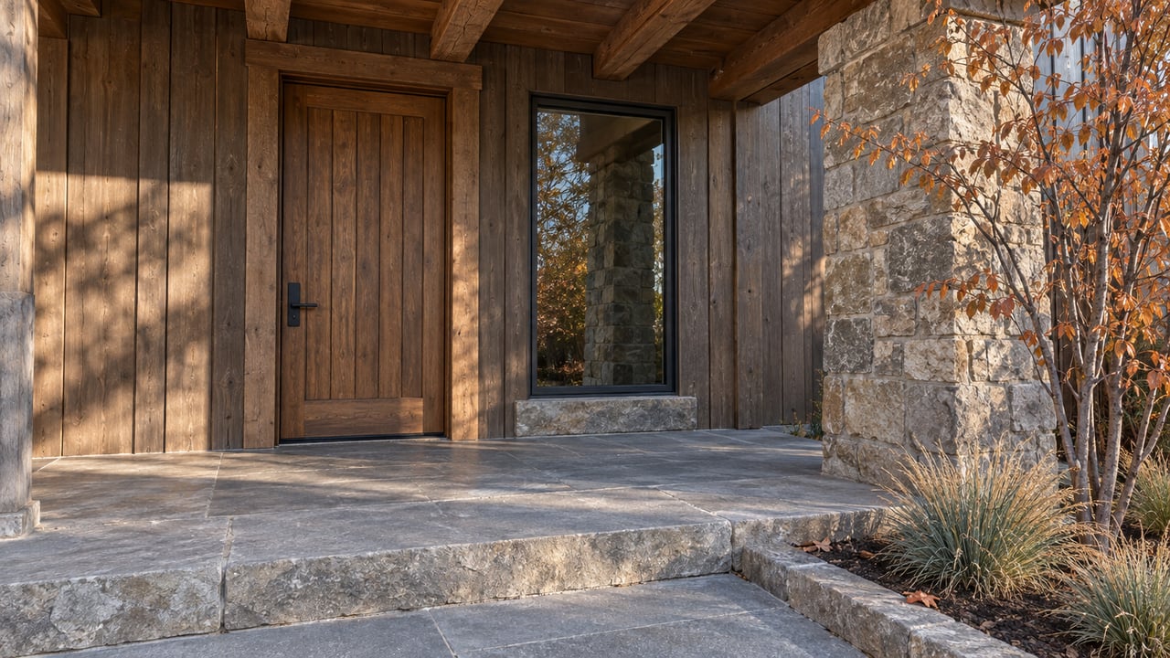 Weathered wood entry beneath a timber overhang, with a gray stone landing, stone pier and copper-leaved serviceberry.