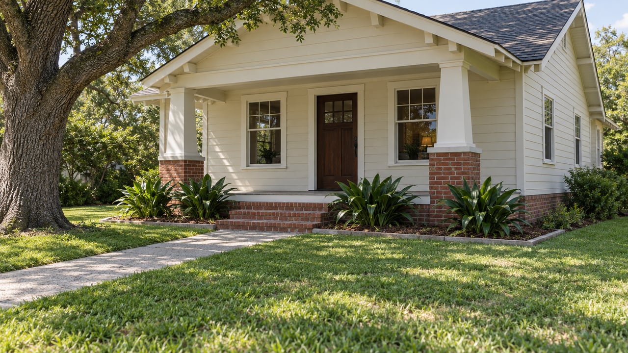 Cream-sided bungalow with a raised brick porch, divided-light windows and a deep front lawn under a mature live oak.