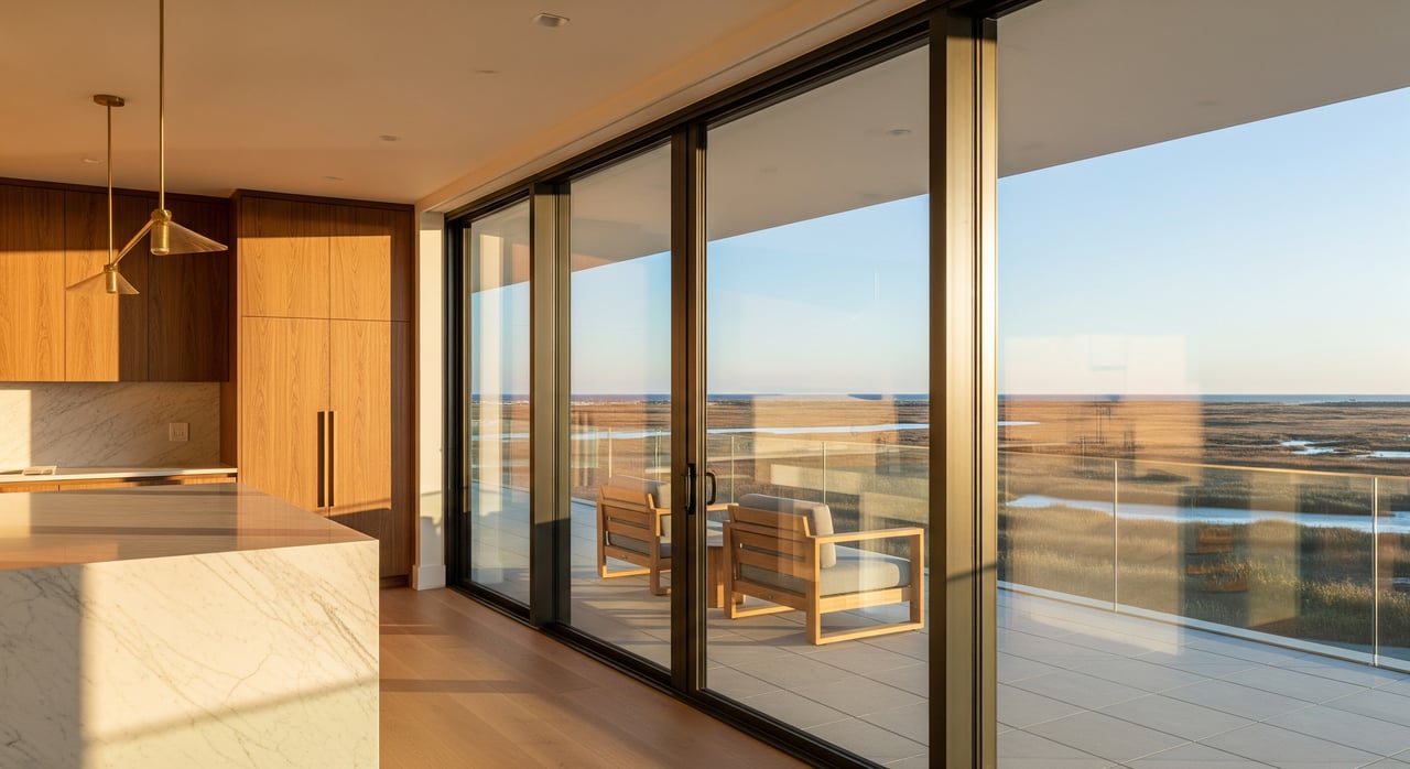 Modern kitchen with floor-to-ceiling glass doors opening onto a deck overlooking a coastal marsh.