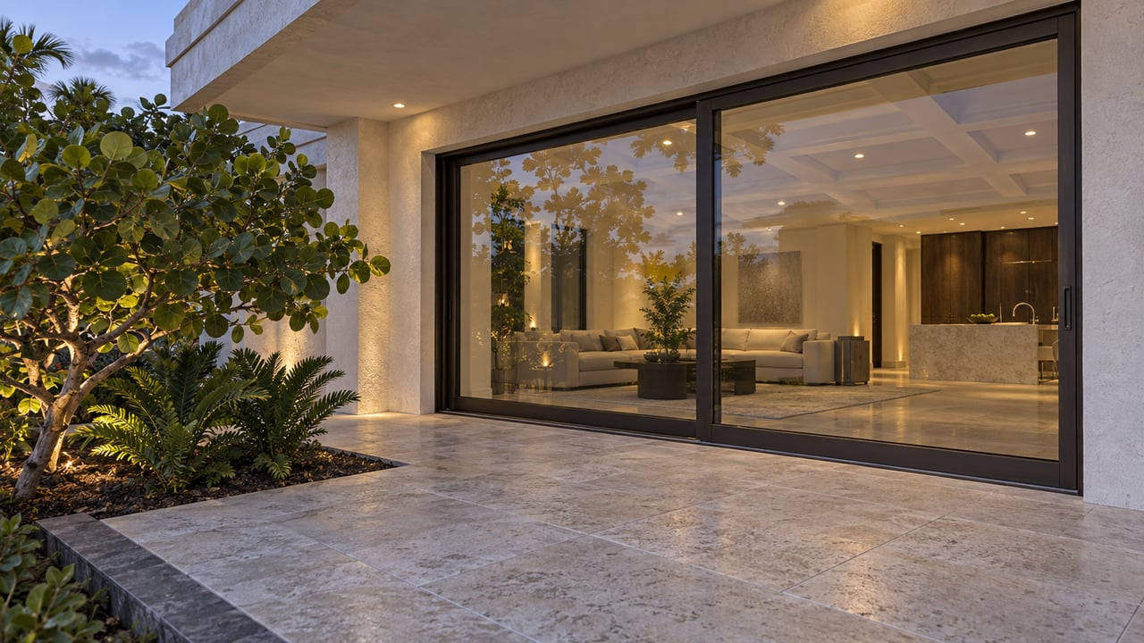 Covered waterfront terrace with limestone paving, bronze-framed glass doors, and a leafy planting bed.