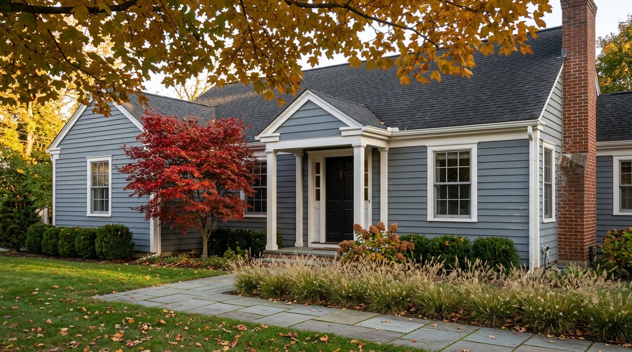 Slate-blue two-story Colonial with a centered portico, scarlet Japanese maple, and golden canopy above a leaf-strewn walk.