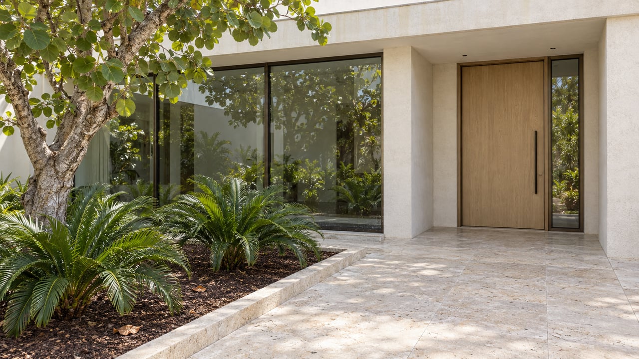 Sunlit limestone approach beside sea grape and coontie planting leads to a recessed oak door in a pale stucco home.