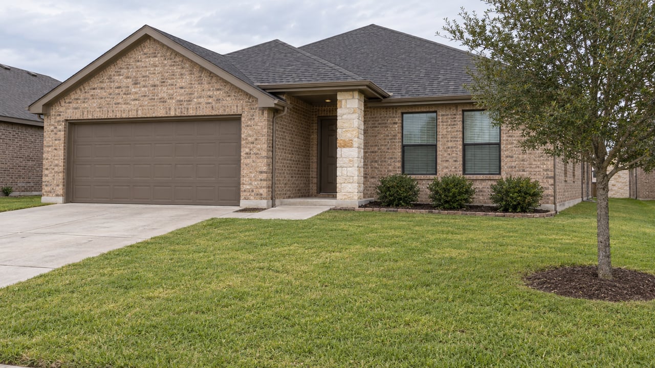 Single-story buff brick home with charcoal gables, a recessed entry, and a deep front lawn in soft afternoon light.