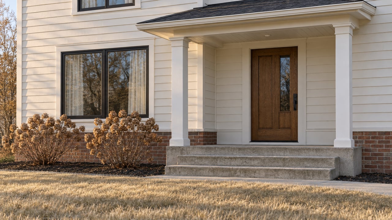 Warm-white house with a sheltered oak front door, red-brick foundation and dormant winter lawn in low afternoon sunlight.