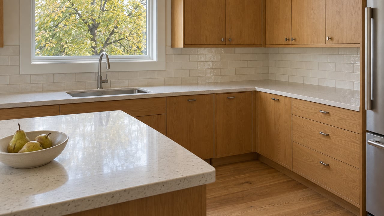 Sunlit kitchen with honey oak cabinetry, cream stone counters and a closed window overlooking yellow-green autumn leaves.