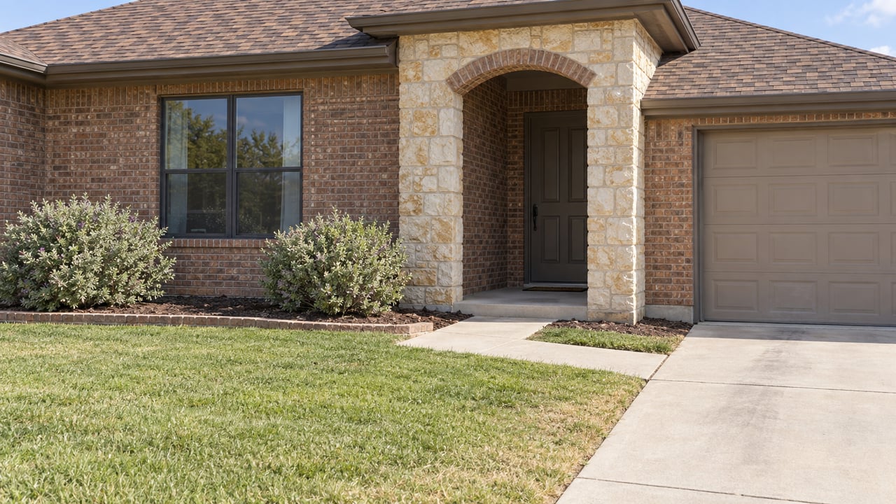 Single-story brick house with a limestone entry arch, lawn, two shrubs, and part of a two-car garage.