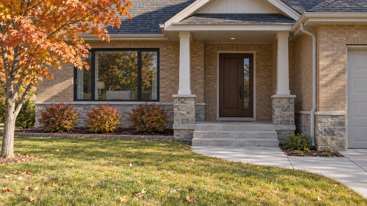 Brick and stone house with a sheltered front porch, autumn maple and a broad lawn beside a concrete entry walk.