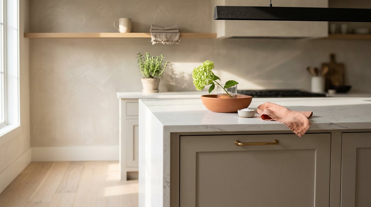 Kitchen island with honed quartz edge, greige cabinets, white oak shelf, cream mug, and hydrangea stem.