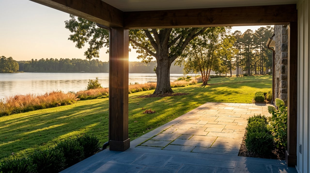 Shaded timber porch overlooking a sunlit stone patio, oak-shaded lawn, and lake backed by pine trees.