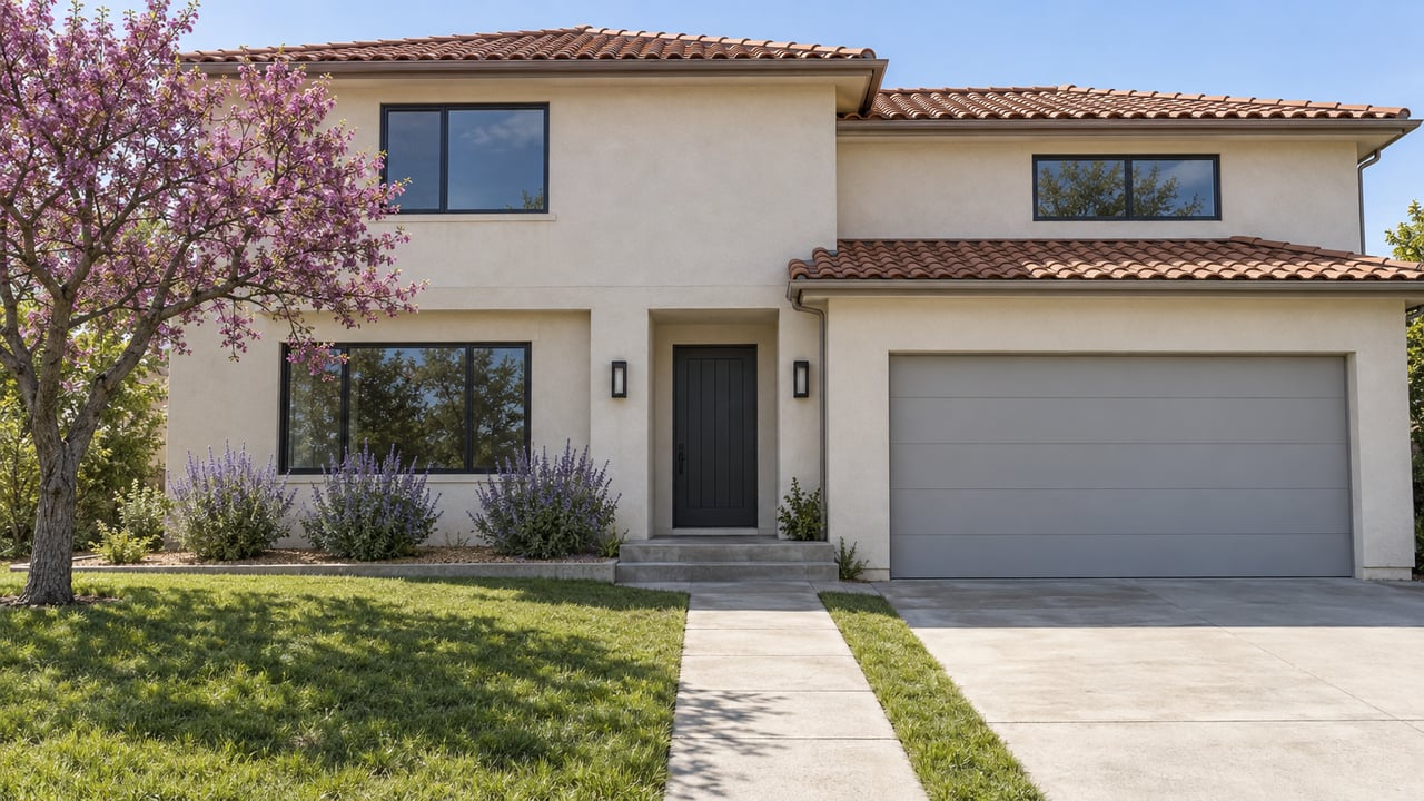 Two-story ivory stucco home with dark-framed windows, a recessed entry, and a deep lawn beside a concrete driveway.