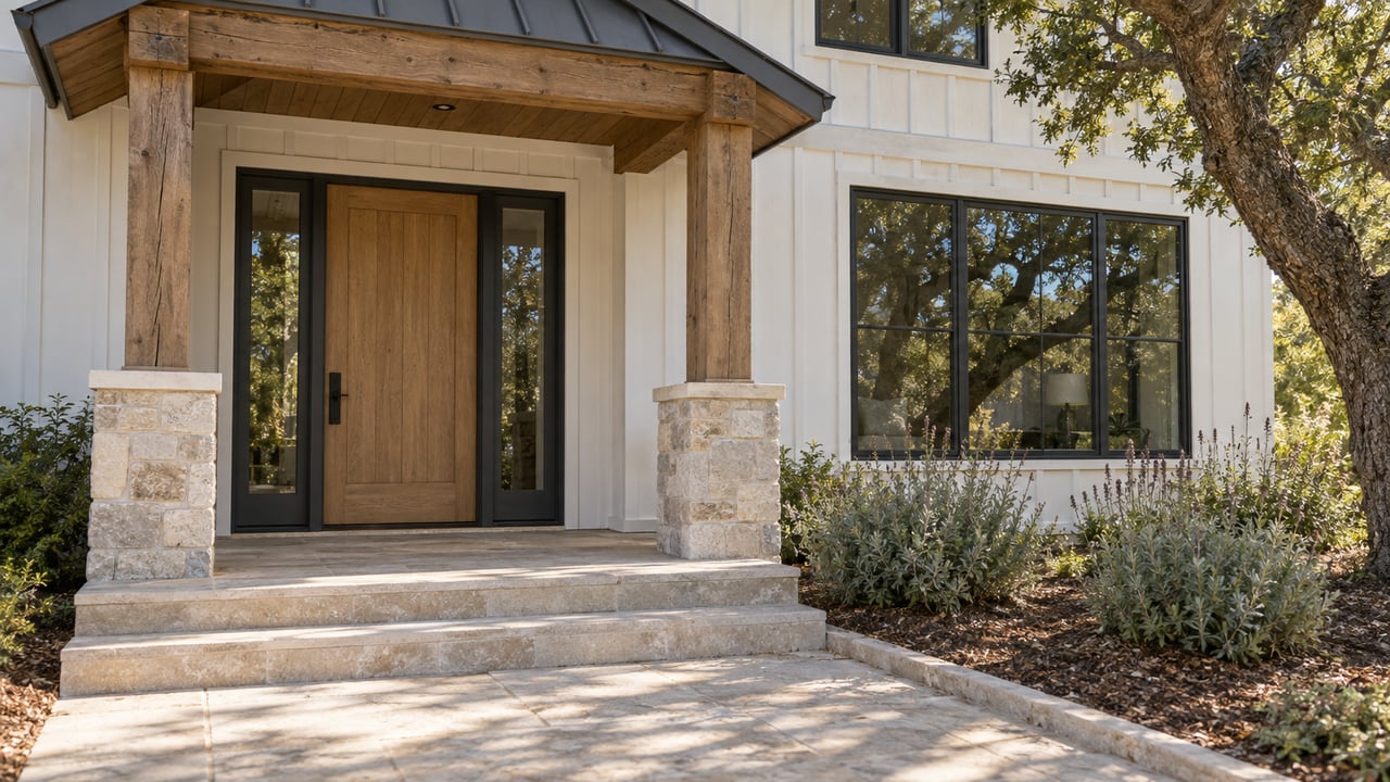 Timber-framed porch with an oak entry door, white siding, pale stone steps, and a mature live oak beside a planted bed.