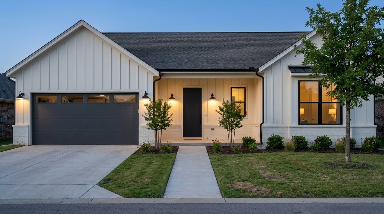 Modern farmhouse front elevation glowing at blue hour in a close-set suburban neighborhood.
