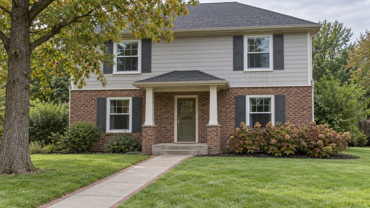 Two-story brick and light-gray-sided home behind a deep lawn and diagonal concrete walkway, with an oak tree and autumn oakleaf hydrangeas.